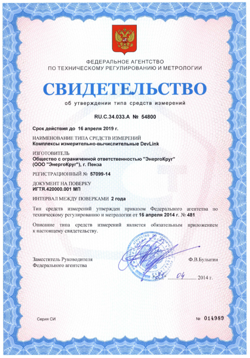 Свидетельство об утверждении типа средств измерений DevLink (Россия)
